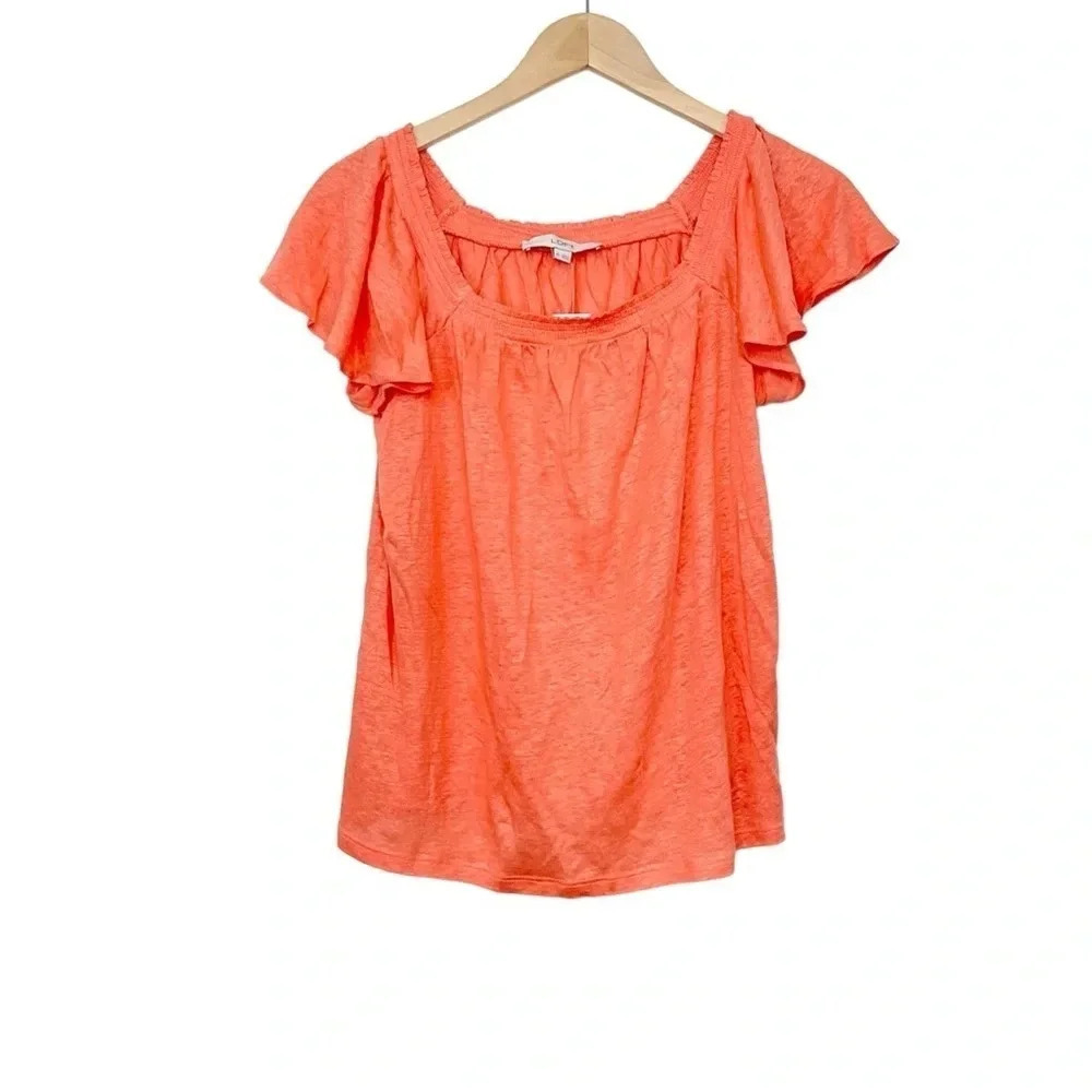 Ann Taylor Loft Coral Linen Top Short Ruffle Sleeve XS
